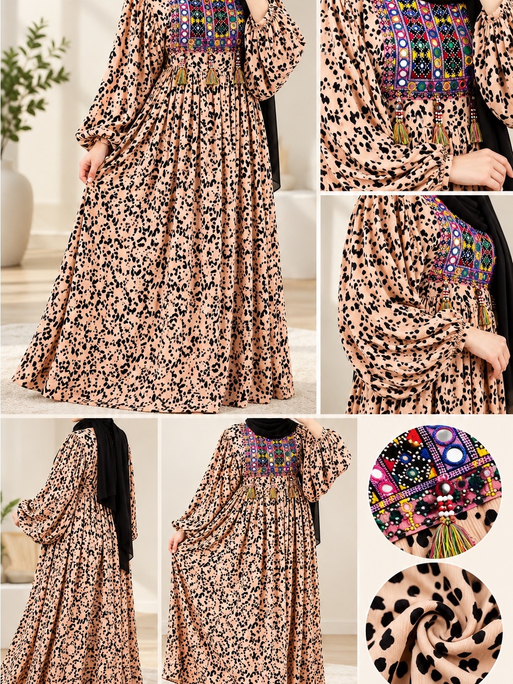 Beautiful Leopard Print Afghan Maxi Dress – Colorful Embroidered Detail